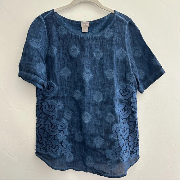 Chicos Linen Blend Blue Space Dye Tee Embroidered Lace Appliqué Size 4/6 Coastal - Picture 1 of 12